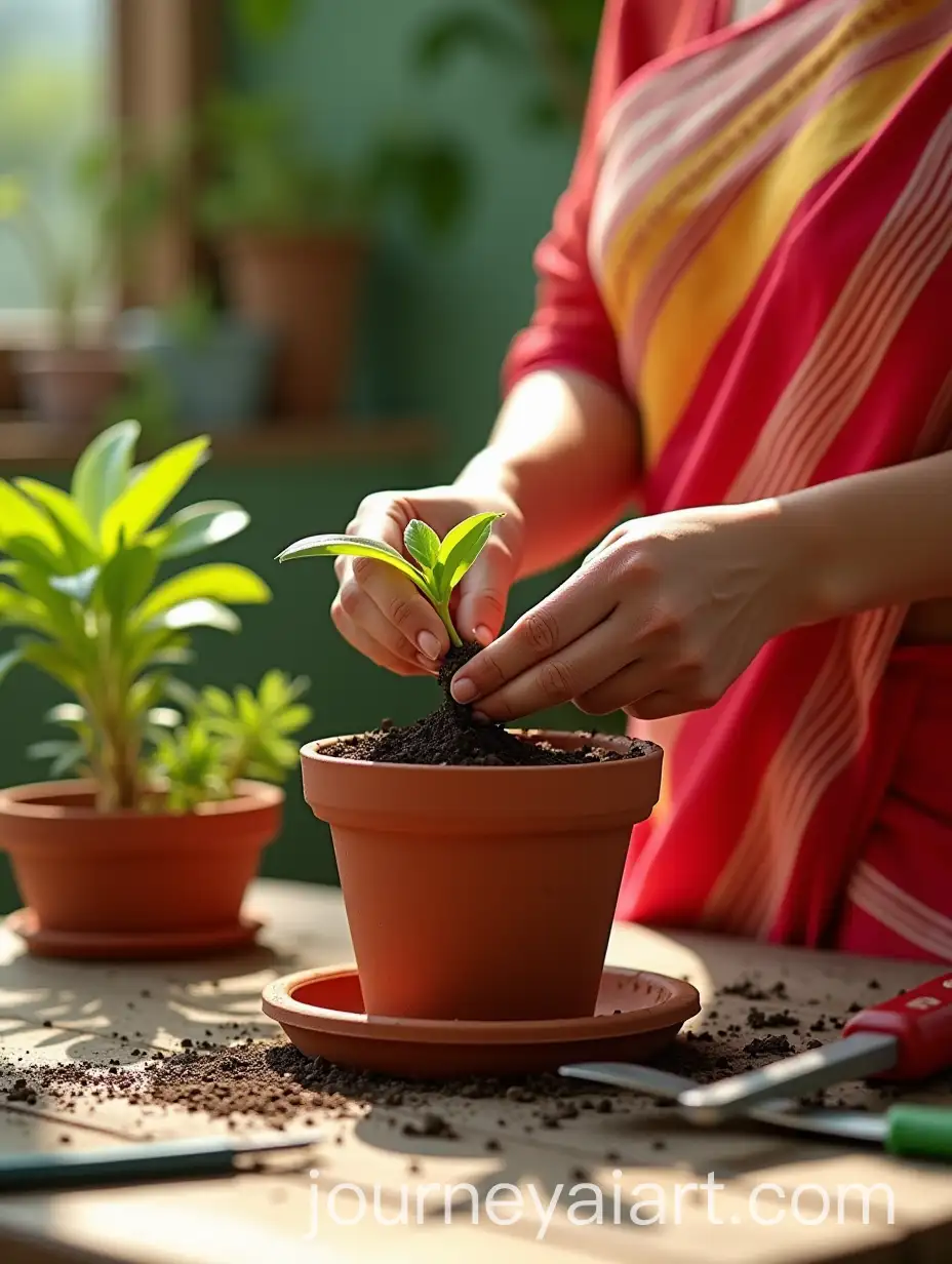 Indian-Woman-in-Saree-Planting-Seeds-in-Vibrant-Indoor-Garden-Setup