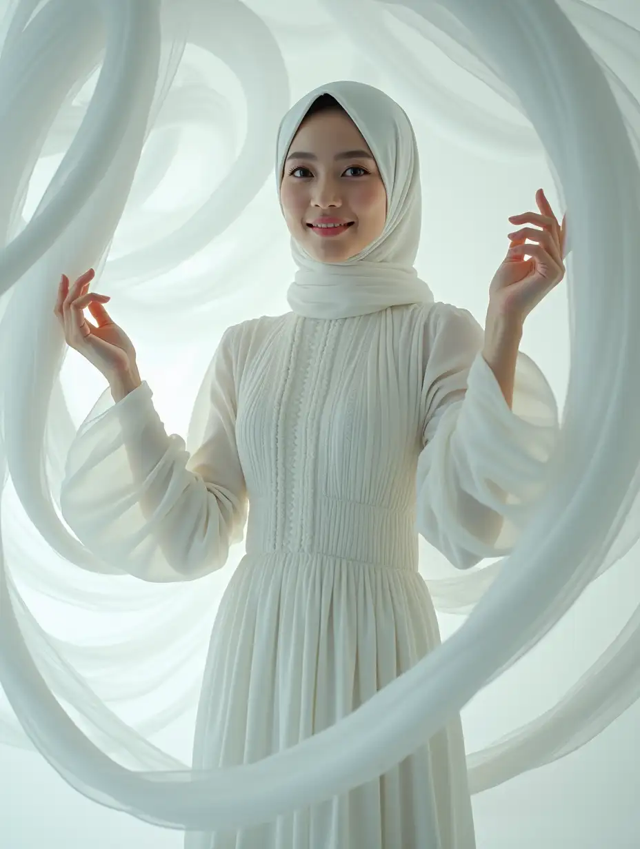 The image features a woman standing confidently with her hands lightly touching the swirling, ribbon-like structures surrounding her. She is wearing an elegant, hijab dress in white, with intricate folds. The ribbons gracefully wrap around her body, creating a dynamic flow. Her posture is upright, with her head held high, giving a poised, ethereal appearance. Her facial expression is calm and composed. Cinematic style, Photorealism