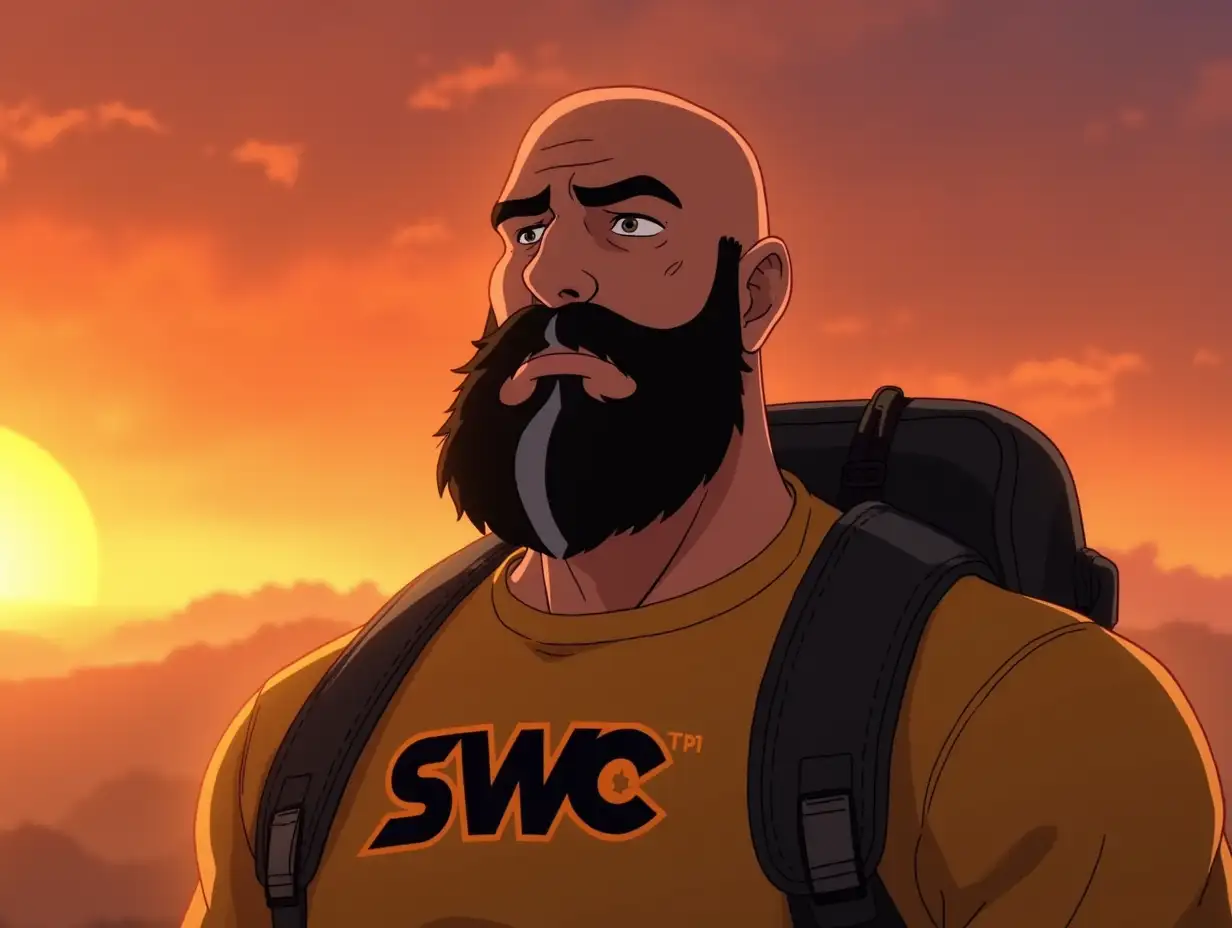 A vibrant animated depiction of Coach Dex, a rugged, bald character with smooth, polished skin and a thick, well-groomed black beard featuring a striking gray stripe running vertically down the middle of his chin. He wears a textured tan shirt emblazoned with the bold 'SWC' logo in black and orange. A black tactical bug-out backpack rests firmly on his back, packed with survival essentials. The setting is an animated outdoor scene during a dramatic sunset, with warm orange and gold hues illuminating the sky. Coach Dex stands confidently, his pose radiating readiness and leadership, while dynamic details like a gentle breeze ruffle the environment, adding life to the animated scene.