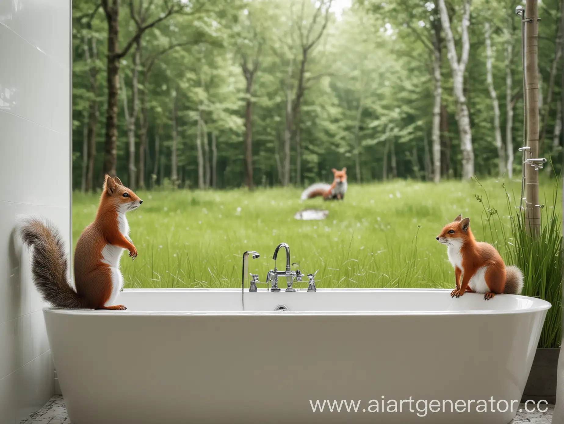 Whimsical-Forest-Scene-with-Bathtub-and-Playful-Animals