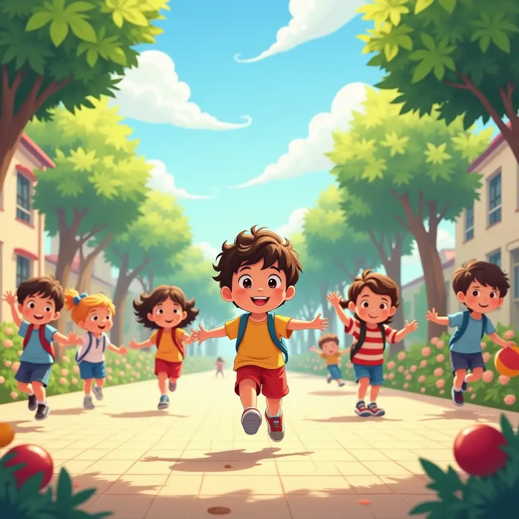 Anime a school patio full of life, with swings, slide and children playing, Show the child protagonist and their friends from 3 TO 6 years old running, jumping rope, playing ball and laughing together, Include scenes of delicious snack (fruits, sandwiches) and friendship between the children, The scene should convey fun and freedom, with music highlighting the joy of recess