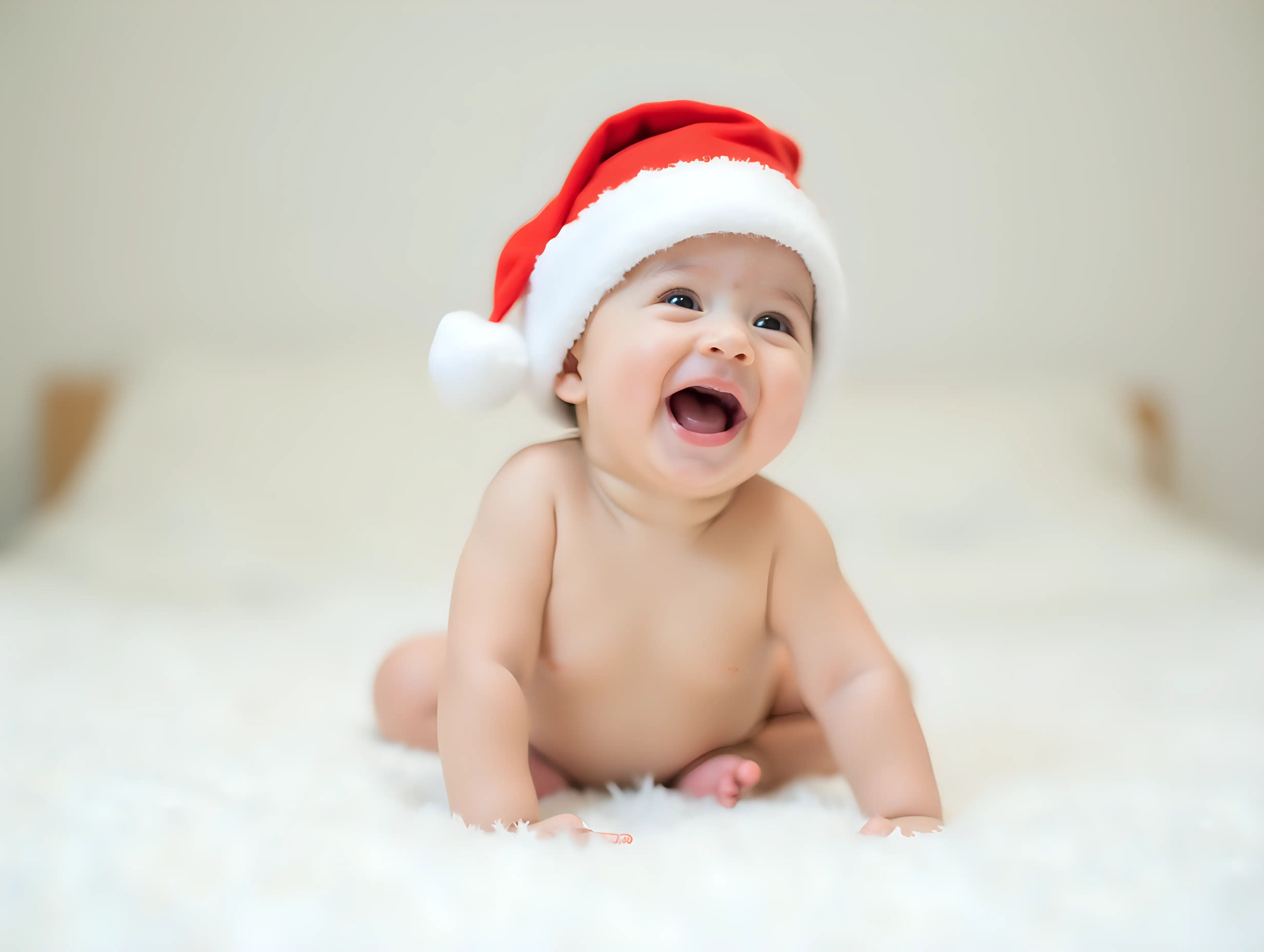 Newborn-Baby-Laughing-Joyfully-on-Cozy-White-Bed-with-Santa-Hat