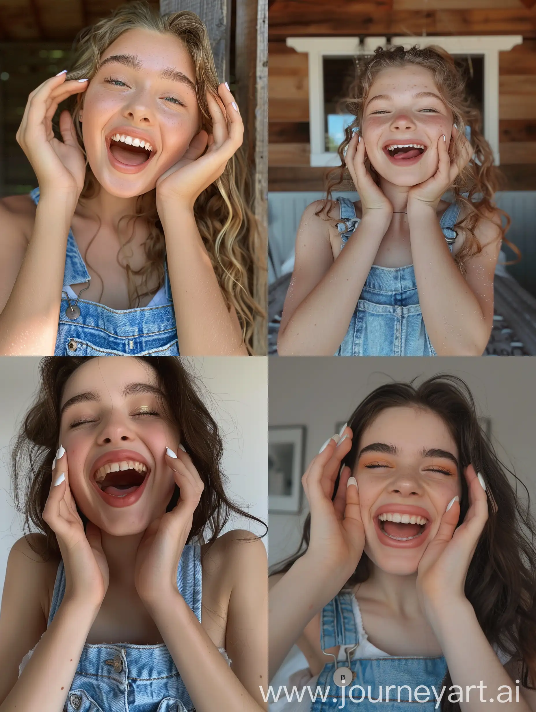 Cheerful-Montana-Girl-in-Overalls-Taking-Selfie-with-Gel-Nail-Polish