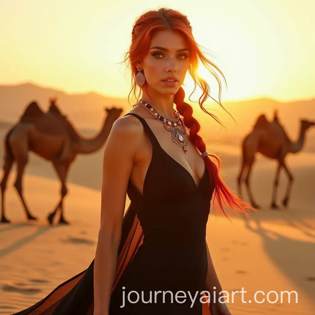 Young-Woman-Dancing-in-Desert-with-Camels-in-Vibrant-Red-Dress-and-Smoky-Makeup