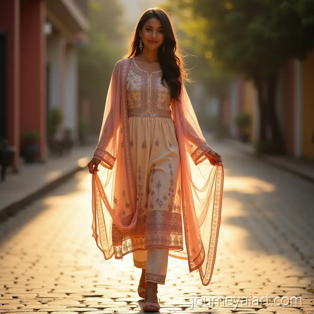 Elegant-South-Asian-Woman-in-EmbroSouth-Asian-woman-portraitidered-Salwar-Kameez-Walking-on-Sunlit-Street