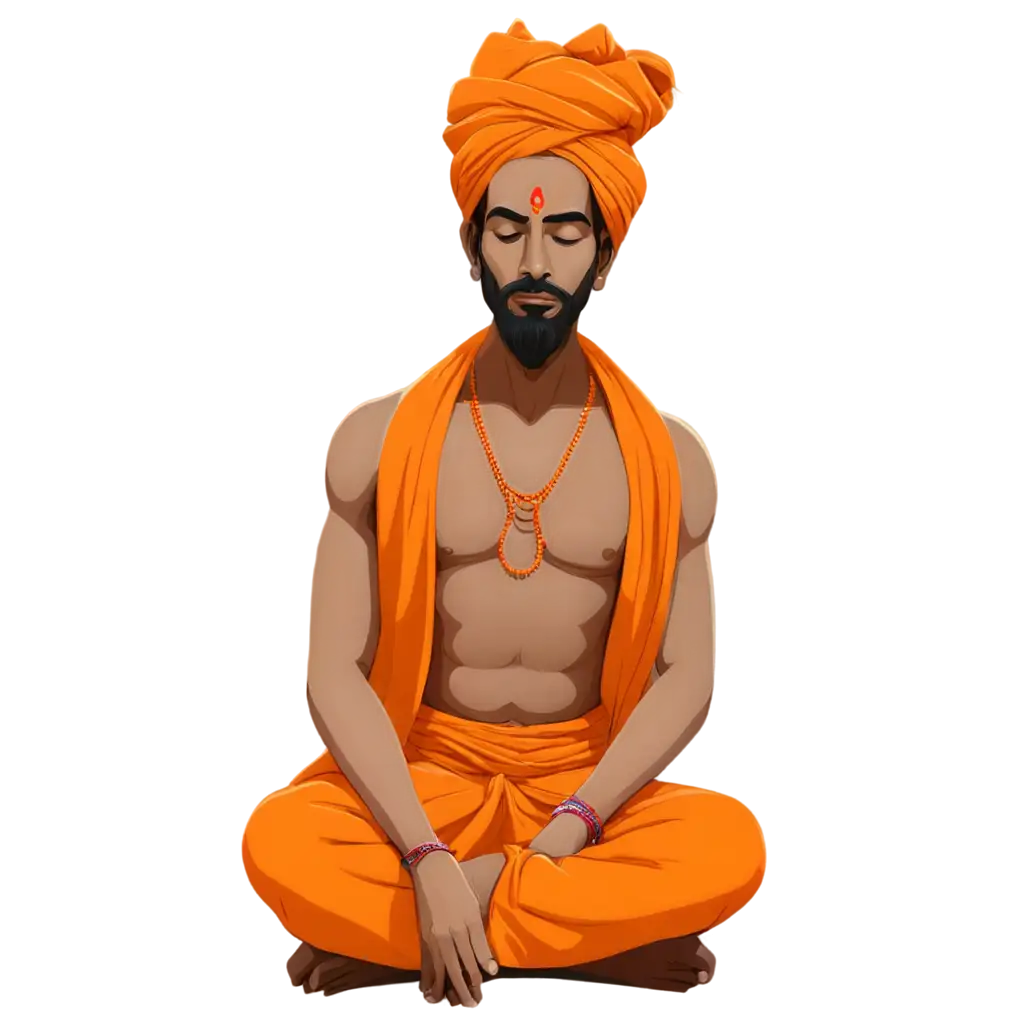 vector illustration of a Hindu sadhu (hair tied into a bun on top of head, wearing orange loincloth) is seated in meditation