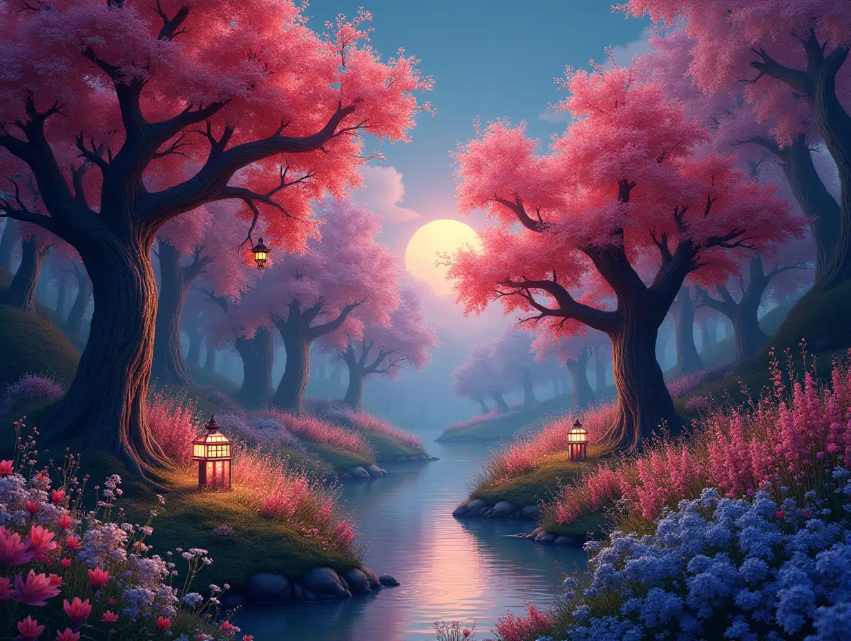 Create a surreal world with colorful trees, flowers and lanterns