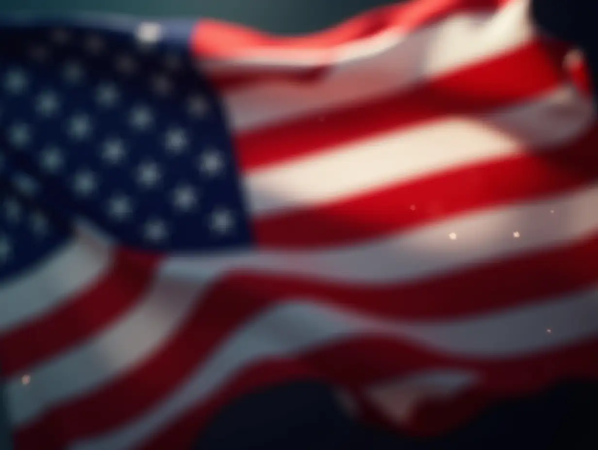 A high-quality, photorealistic image of the American flag waving in the background. The flag should appear large, with deep, rich colors—vivid red stripes, bright white stripes, and a bold blue field with clearly defined white stars. The fabric should have a realistic texture, with visible stitching and natural folds, giving it a slightly flowing motion. The lighting should be soft yet dramatic, with subtle highlights and shadows emphasizing the movement of the fabric. A shallow depth of field should be applied, making the flag slightly blurred in certain areas while keeping the overall composition visually striking. The atmosphere should have a cinematic and slightly dreamy effect, with gentle glowing lights or lens flare to add depth and realism. No additional objects, text, or floating elements—just the powerful imagery of the American flag in motion, set against a blurred yet patriotic-themed backdrop.