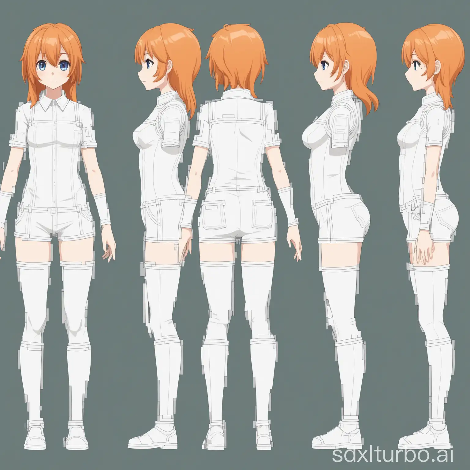 hot anime girl, character sheet for 2d modelling, front and side view, a-pose, multiple views of the same character in orthographic