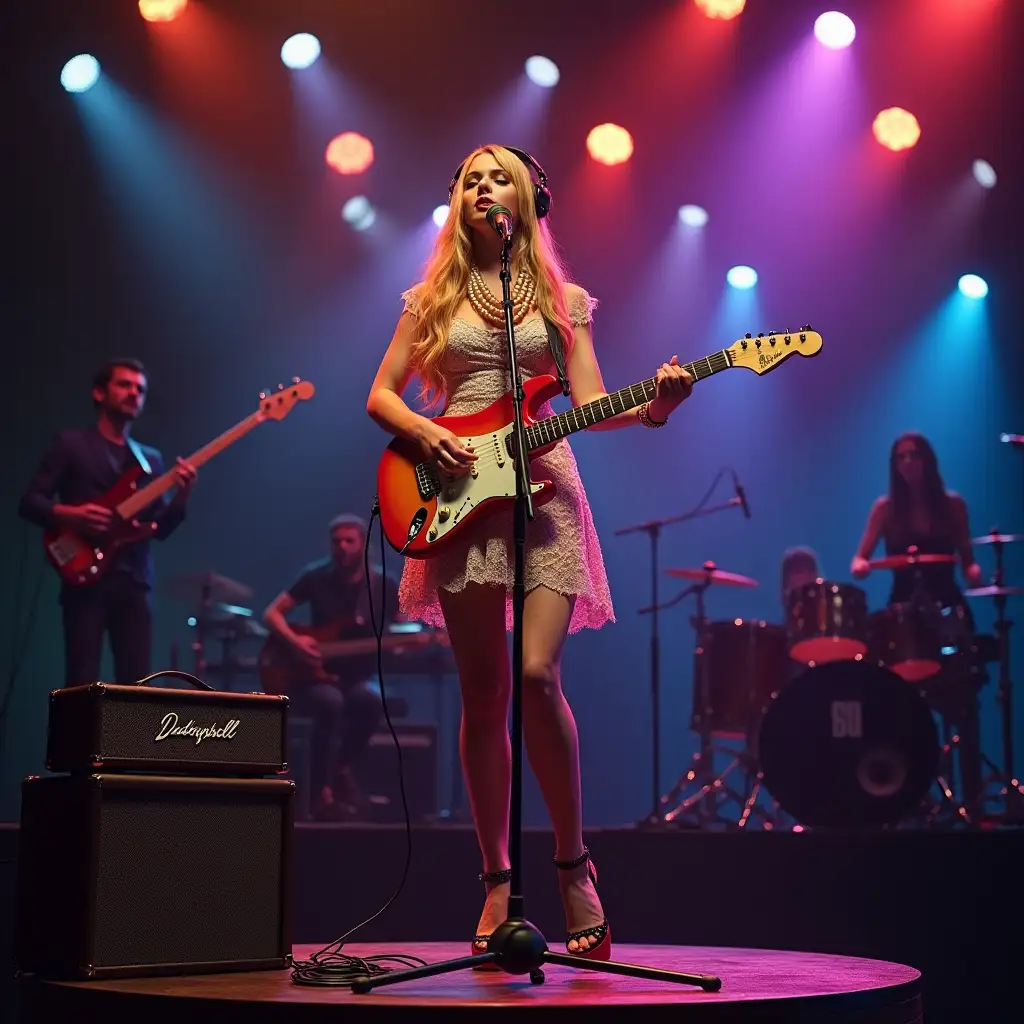 ultradetailed hyperrealistic photo a woman long hair goldblue with redwhite white dress, wristwatch, headphones plays on an electric guitar, high heels blackred polka dots and big pearl necklace stands on a podium and an electric guitar and on the podium stands an electric guitar amplifier with the electricguitar connected and a standing microphone is in front of her and she sings into the microphone and colorful spotlights shine on the woman and the band in background beautiful shoes flawless attention to texture, surfaces and lighting, to give depth, dimension and a photorealistic appearance.