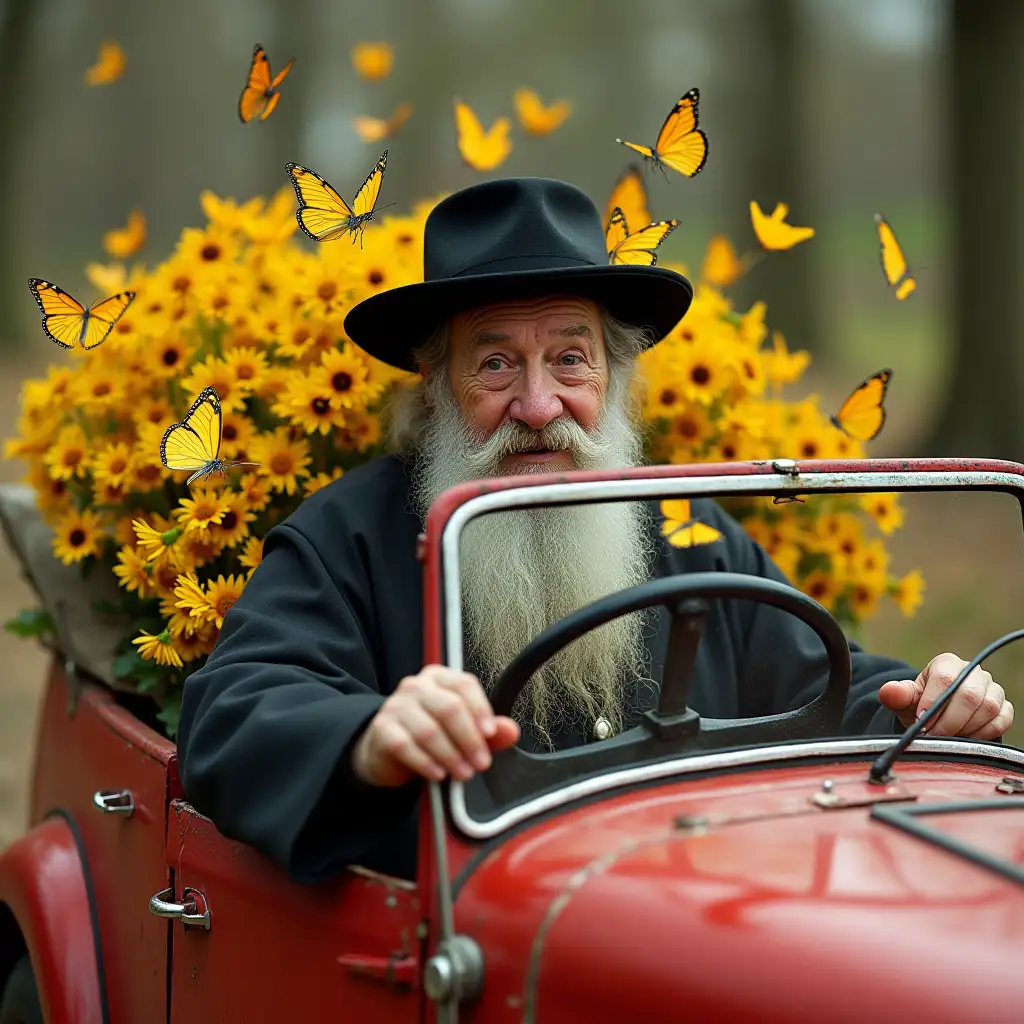 Old-Priest-with-Grey-Beard-and-Yellow-Butterflies-on-Red-Car