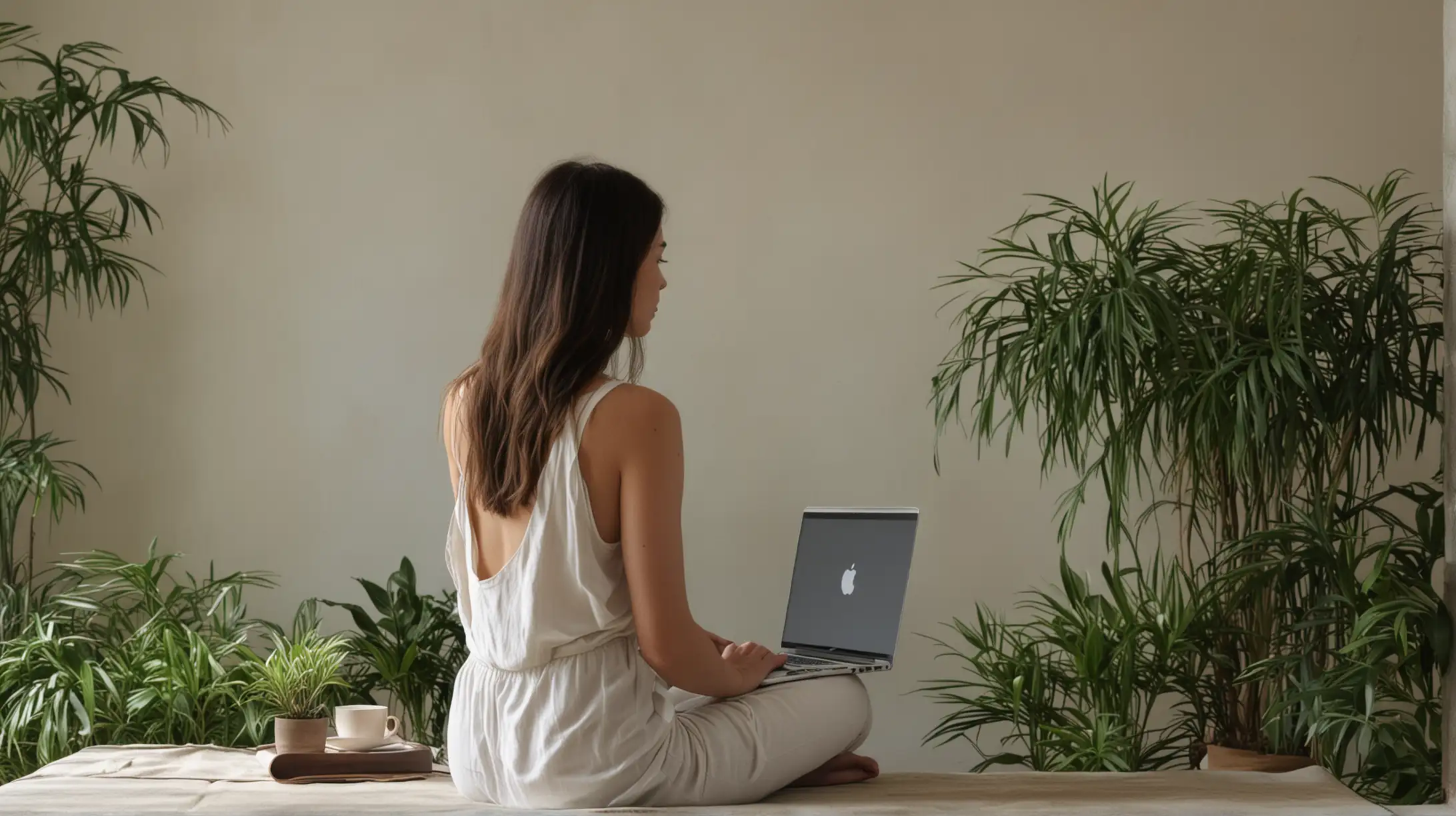 Woman Working in Zen Environment with Plants and MacBook