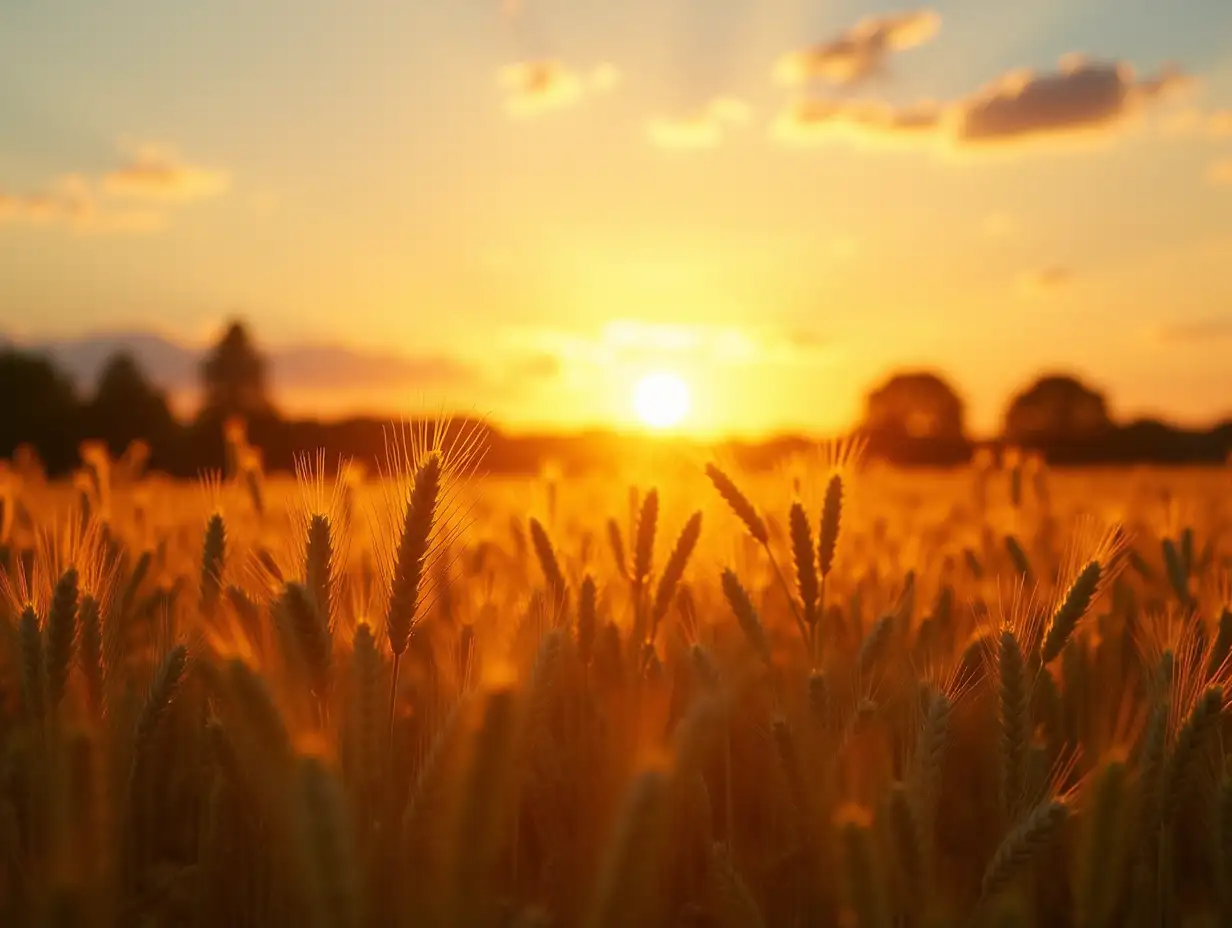 Summer landscape image of wheat field at sunset with beautiful l