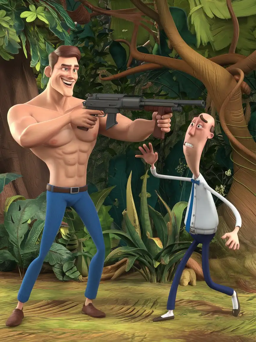 Athletic-Man-Aiming-Pistol-at-Frightened-Botanist-in-Tense-3D-Scene