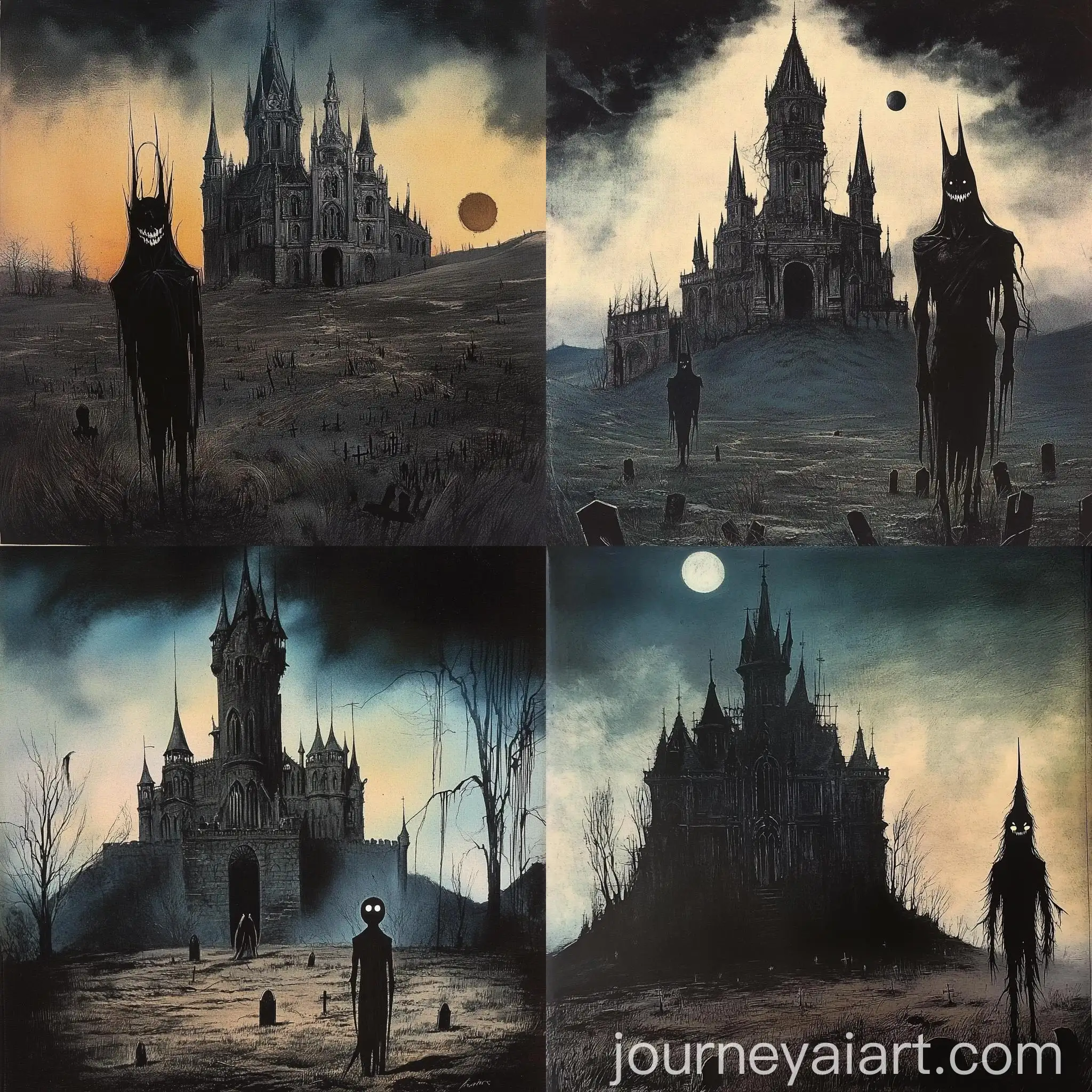 70s-Dark-Fantasy-Black-Humanoid-in-Graveyard-with-Vampire-Gothic-Palace