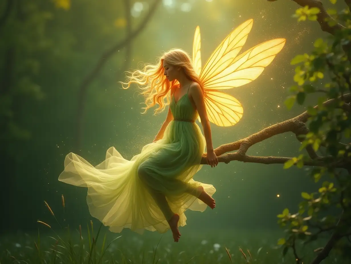 a cinematic action Fantasy, an oil painting of a fairy sits gracefully on a branch, surrounded by shimmering lights. She slowly rises, her movements fluid and elegant. Her delicate transparent golden wings unfold, glowing softly with a bright glow. With a gentle flutter, she leaps from the branch, and lands on the green grass.  a swirl of golden sparkles fall gently. Magical and magical glimmers bursts around her. In mid-flight, her wings leave behind a glowing trail, resembling ripple patterns in the air. Her green transparent long flowing dress and golden blonde flowing hair ripple gently with the motion. The camera follows her ascent, capturing the enchanting flight as she hovers in mid-air, surrounded by whirling fairy dust, creating a magical and dreamlike atmosphere. ultra realistic