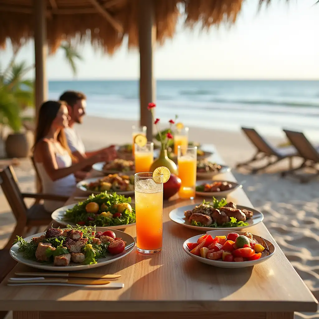 Family-and-Friends-Dining-on-a-Private-Beach-with-Salads-Meats-and-Iced-Drinks