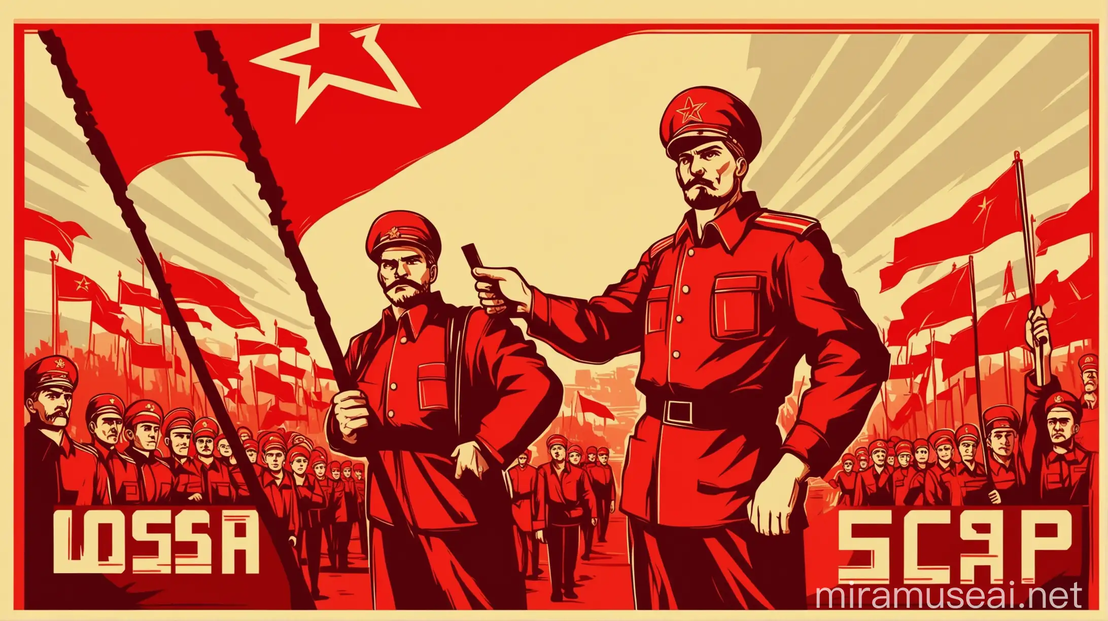 worker holding red flag, in the style of USSR poster, vector, wide