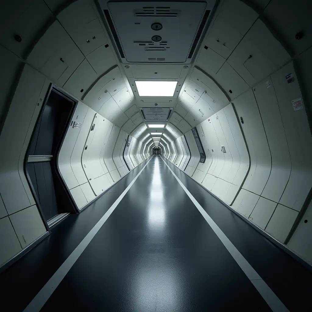 Sci-fi ship interior. Very wide and long passage. Well-lit. Clean. Simple angular walls that bow outward. Walls angle in at top and bottom. Simple gray and white walls. Matte black deck plating. Single doorway on left. Dead-end.