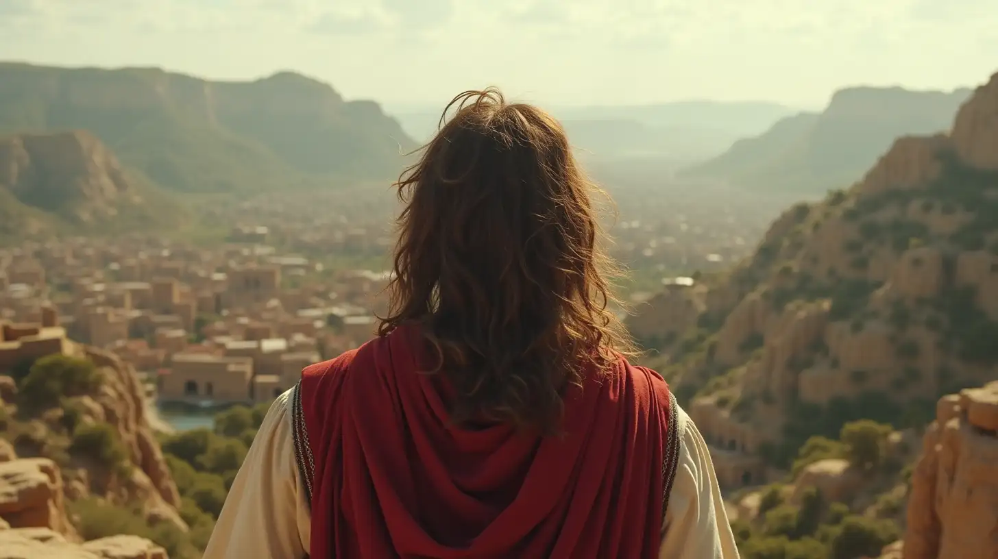 Masculine Man Surveying Civilizations from Mountain Top