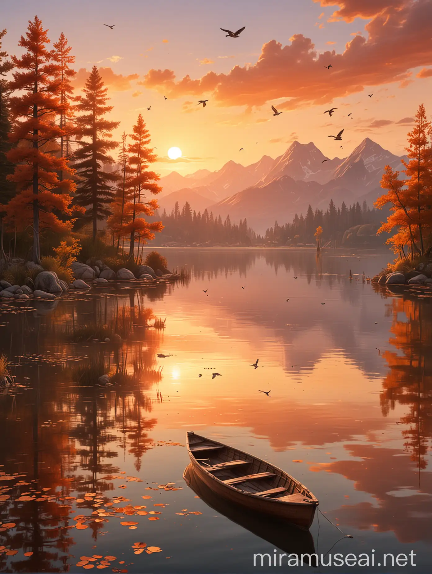 Serene Lakeside Sunset with Boat and Birds