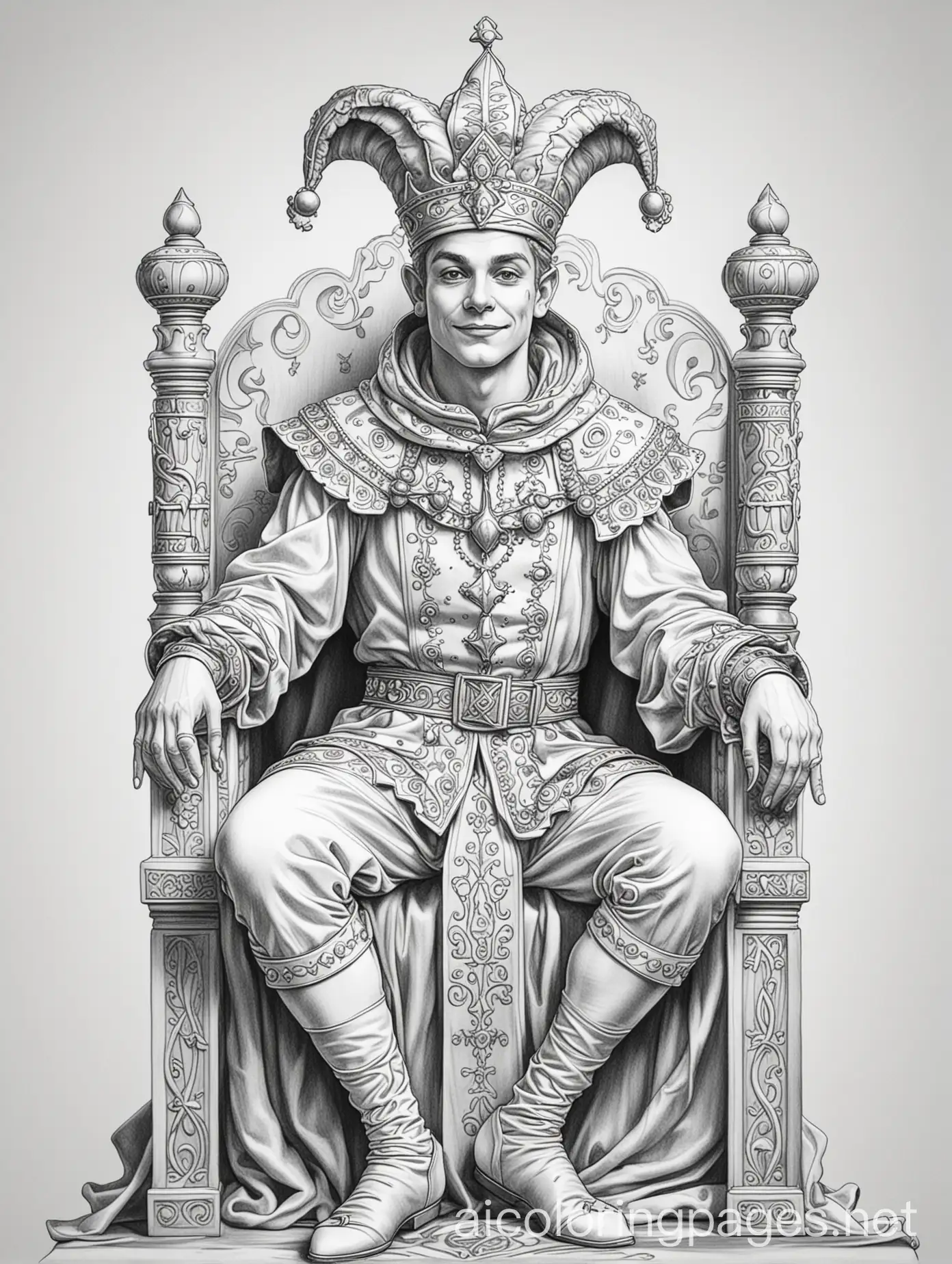 black and white, royal court jester sitting on a throne, Coloring Page, black and white, line art, white background, Simplicity, Ample White Space. The background of the coloring page is plain white to make it easy for young children to color within the lines. The outlines of all the subjects are easy to distinguish, making it simple for kids to color without too much difficulty