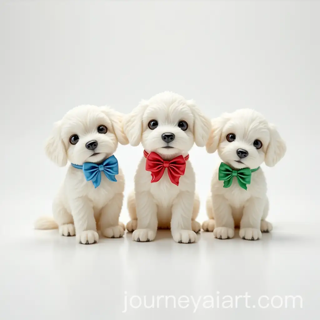 Three-White-Puppies-with-Glossy-Bows-in-Blue-Red-and-Green