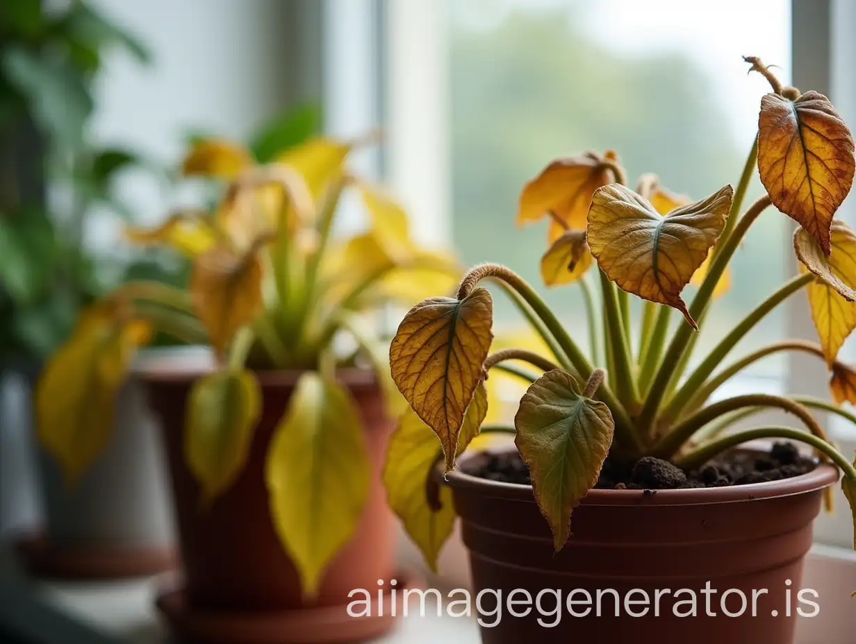 A photo of a group of wilted indoor plants, showing yellow and brown leaves, some hanging over the edges of the pot, others dry and cracked, all placed near a weakly lit window. The image reflects neglect or common mistakes in plant care.