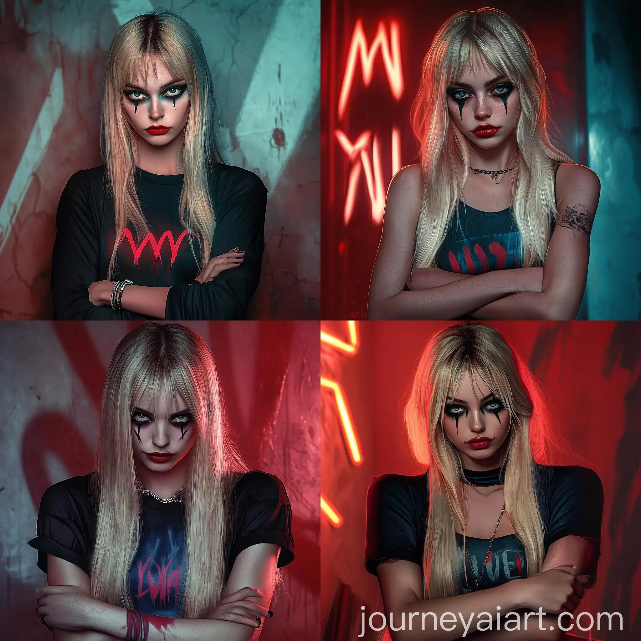 Gothic-Girl-with-Blond-Hair-and-Clown-Makeup-in-Neonlit-Evening