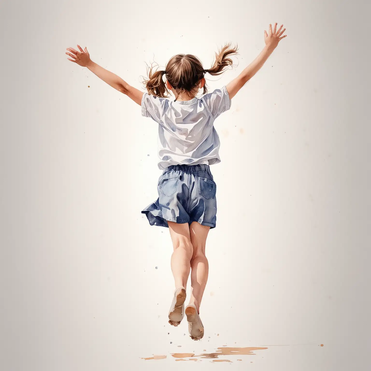 Joyful Young Girl Skipping in Watercolor on White Background