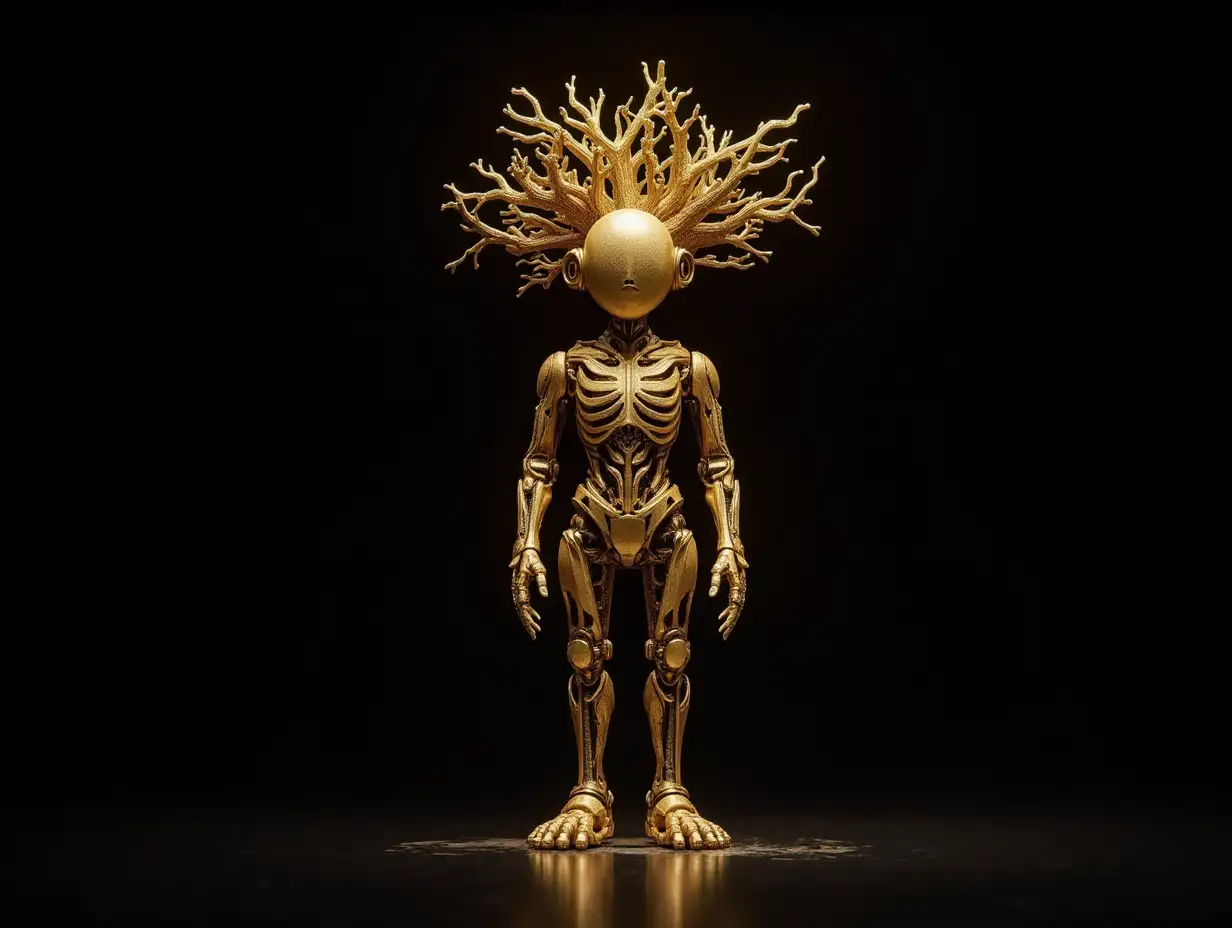 goldenem Complex-Horizon-Fractals humanoid robot with Complex-Horizon-Fractals body and Fracta-Glatze with root on the head, against black background