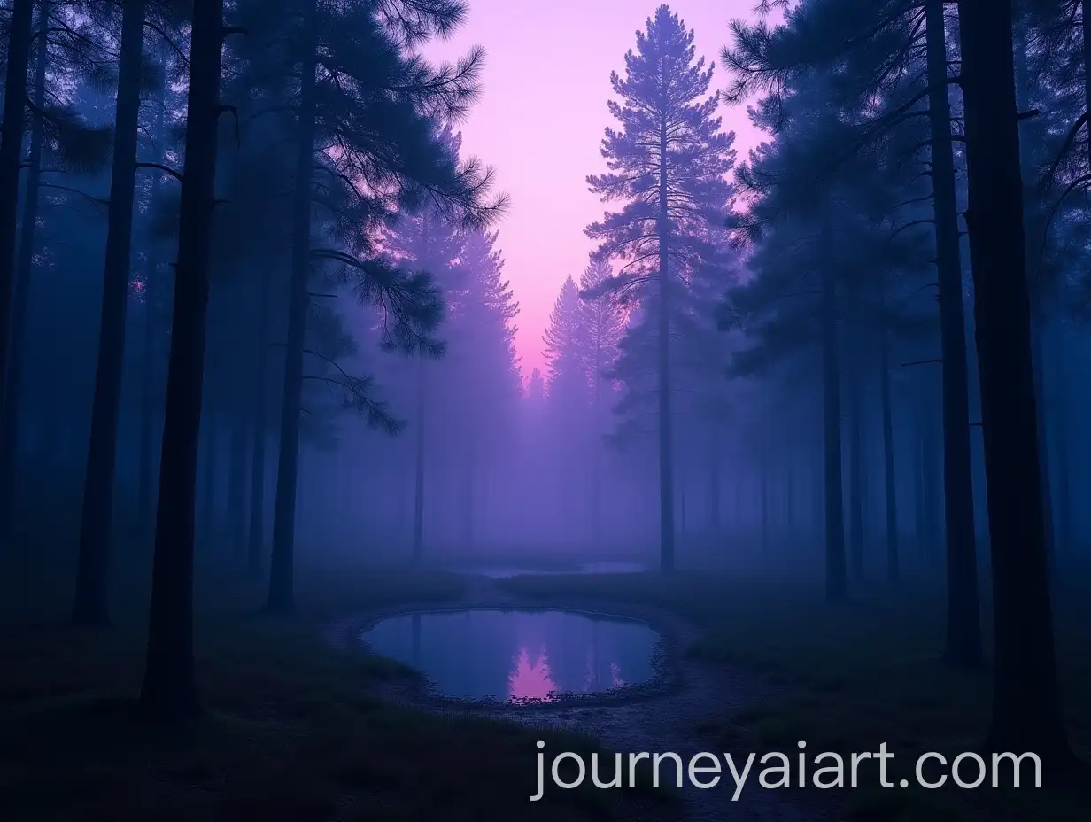 Serene-Forest-Clearing-at-Dusk-with-Mist-and-Reflective-Pond