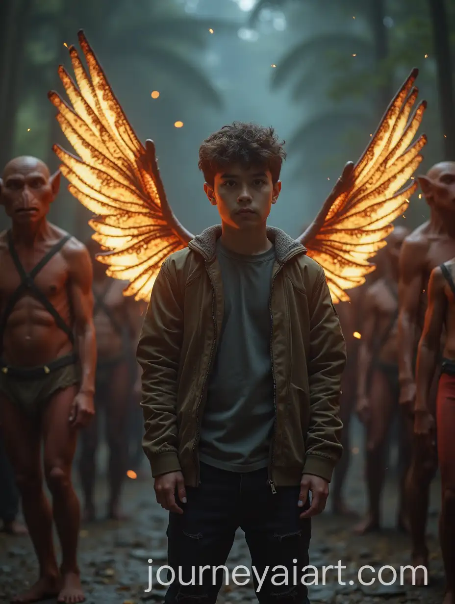 Young-Man-Posing-in-Front-of-HumanLike-Creatures-with-Glowing-Wings