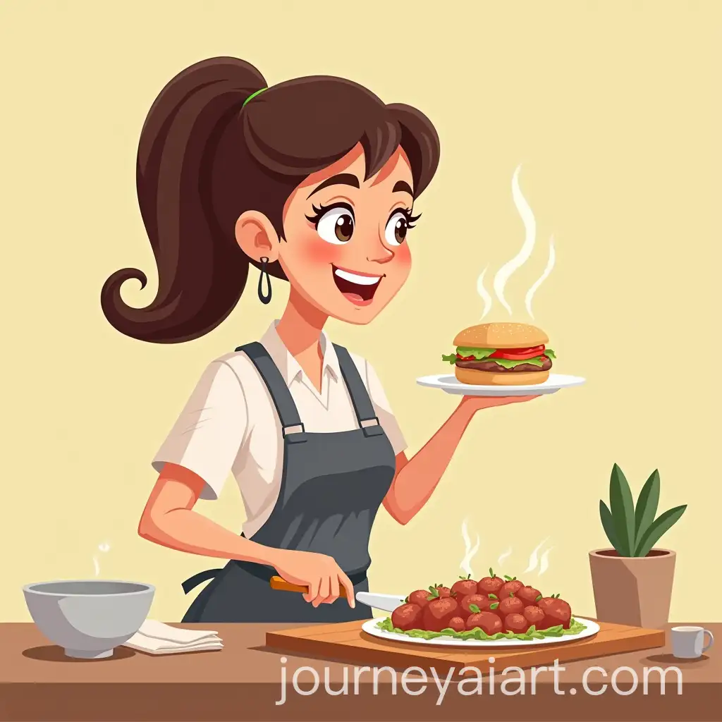 Cartoon-Lady-Presenting-Homemade-Recipe-with-Hands-Gesture