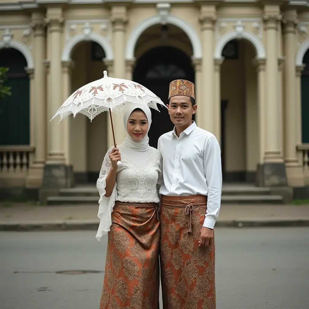 Javanese-Couple-in-Traditional-Wedding-Attire-Standing-in-Front-of-Colonial-Building