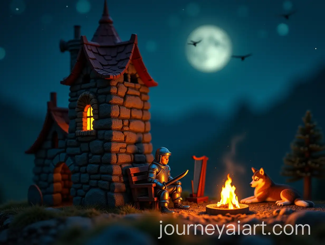 Miniature-Knight-and-Bard-Resting-by-Bonfire-on-Castle-Tower-Under-Full-Moon