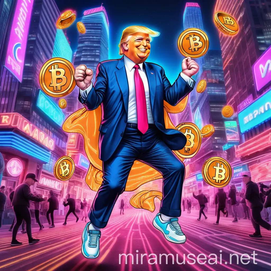 Donald Trump Dancing with Bitcoin in a Neon Cityscape