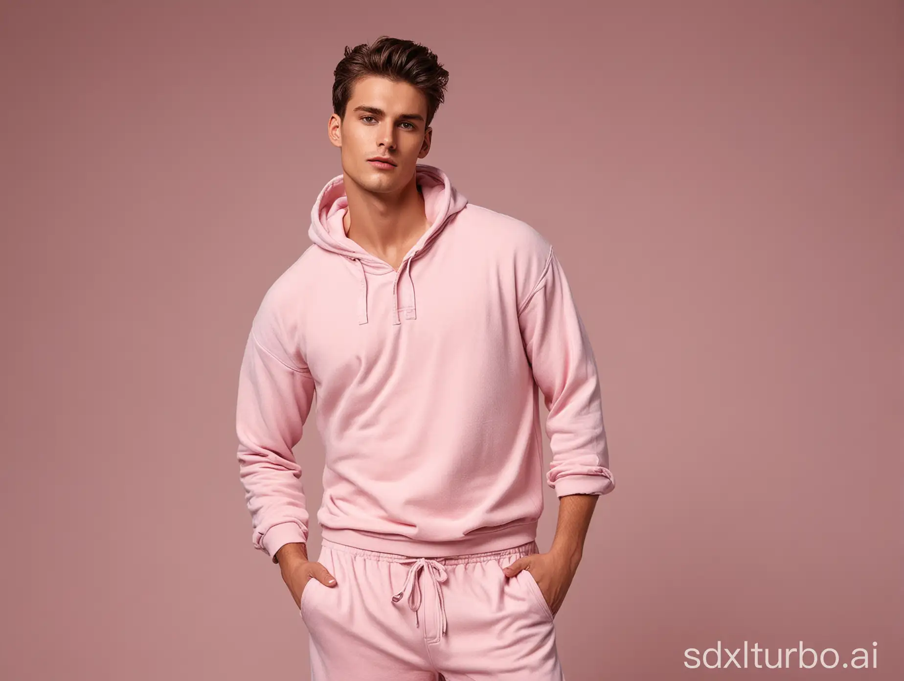 Create an image featuring SINGLE male models in pastel-colored loungewear.  with a STUDIO background, with a TRENDY pose and expression.