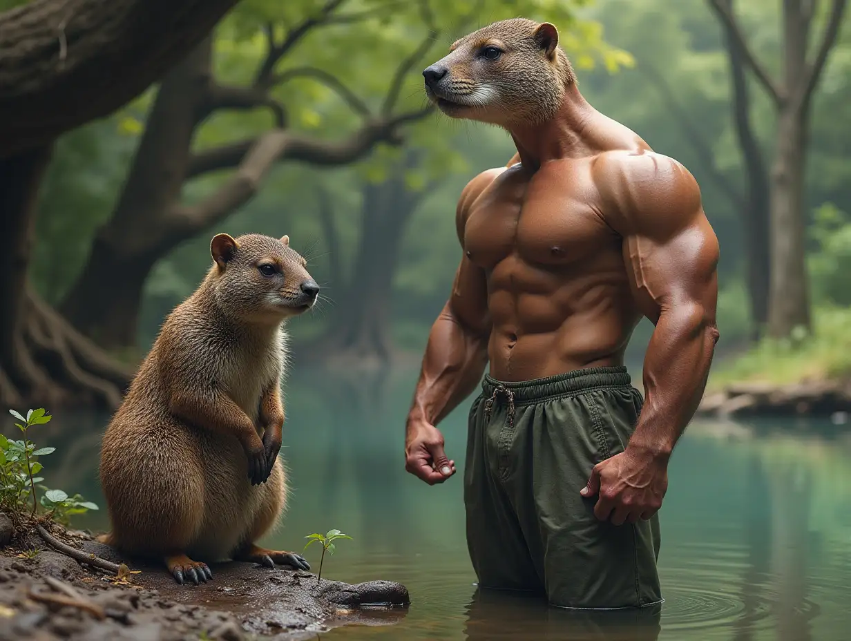 A very detailed photo. A full body representation of an Animal-Hybrid bodybuilder and Octodon degus and Octodon degus at a lake with very large trees