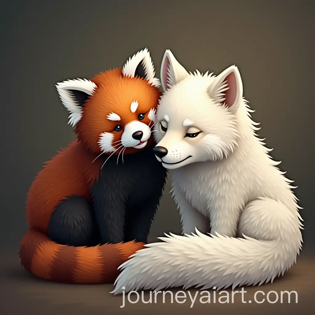 Red-Panda-and-White-Wolf-Cuddling-Together