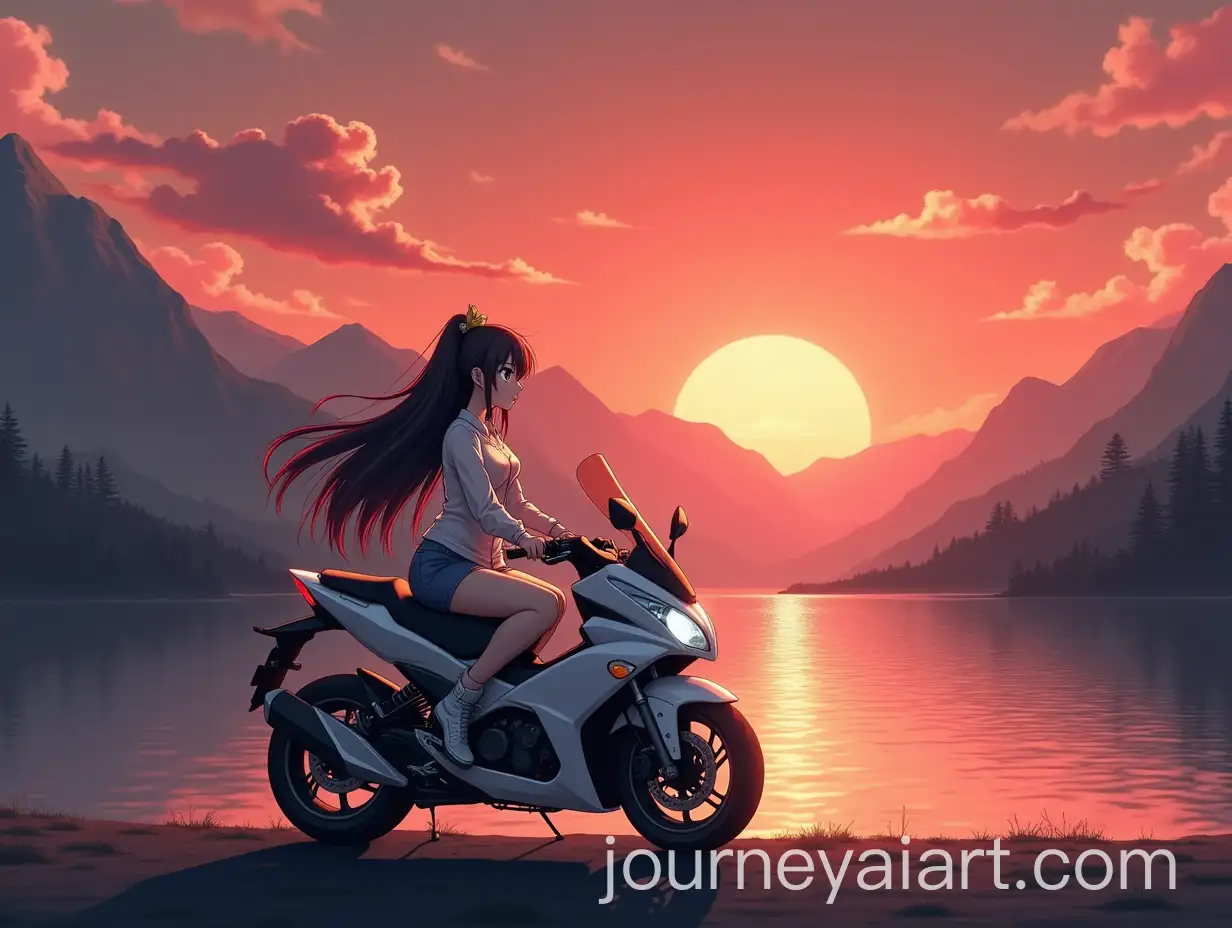 Anime-Woman-on-White-Motorcycle-with-Lake-and-Mountain-Sunset-Background