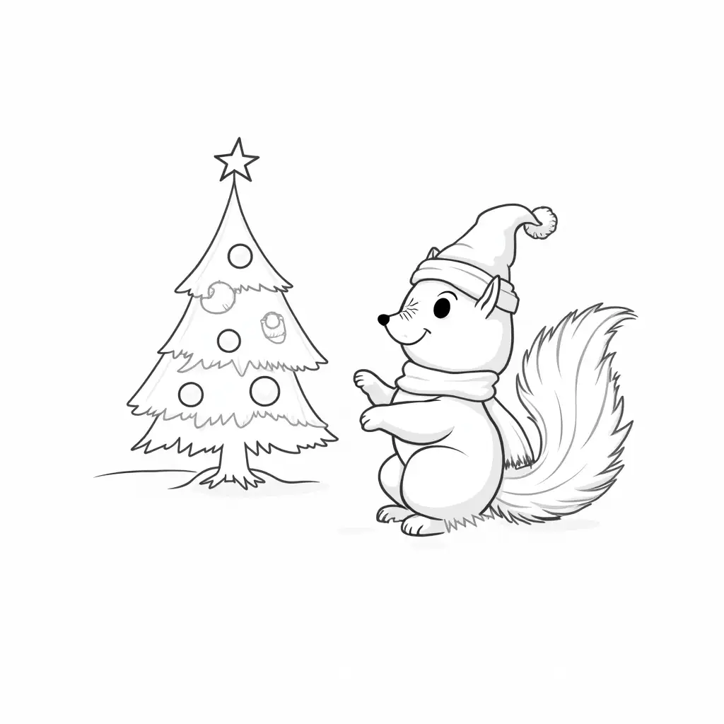 Squirrel-Decorating-Christmas-Tree-with-Santa-Hat-and-Scarf
