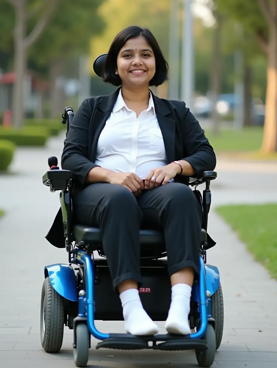 A young Indian woman student sitting in a modern light blue coloured motorized power wheelchair. She is wearing a white shirt and a black coat over it and a black color pant. She is wearing white color socks in her feet but no shoes. Short black beautiful hair. She is tall and little bit fatty. She is looking amazing beautiful and smart. Her skin tone is white and glowing. Use the background of a college campus.