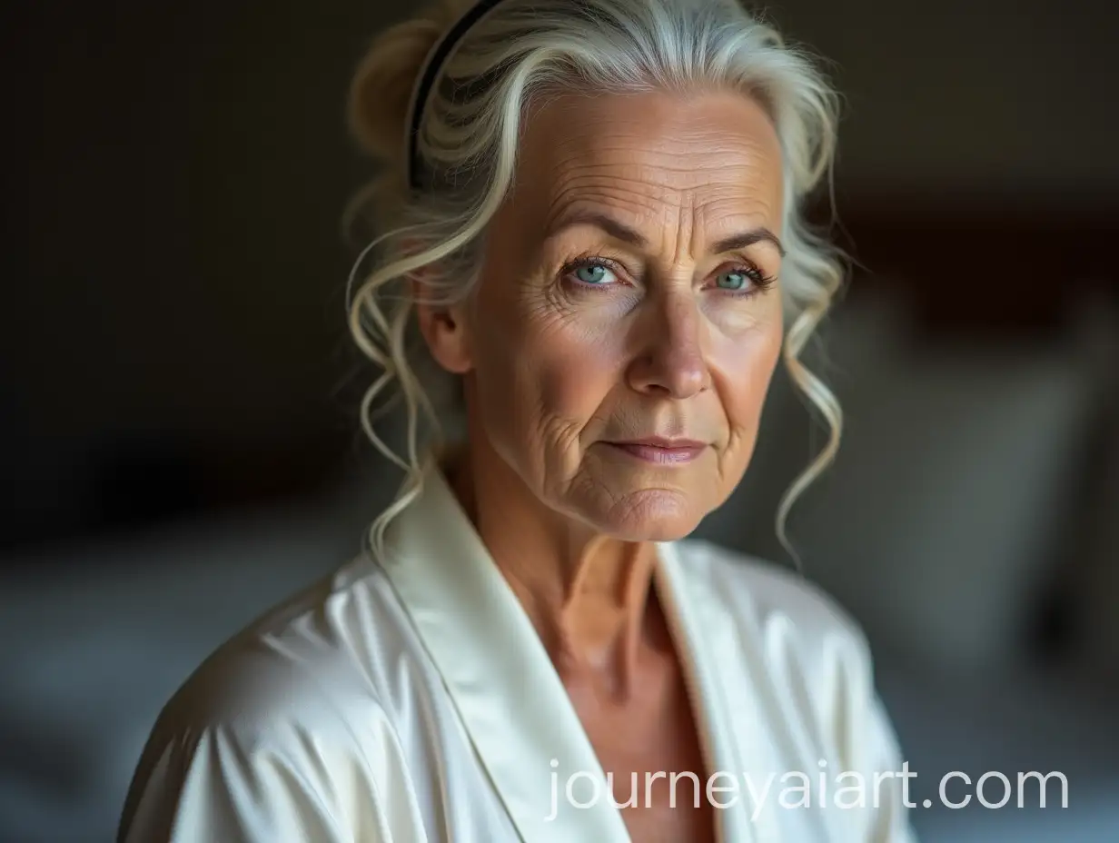 Mature-Woman-in-White-Silk-Robe-with-Headband-and-Plump-Lips