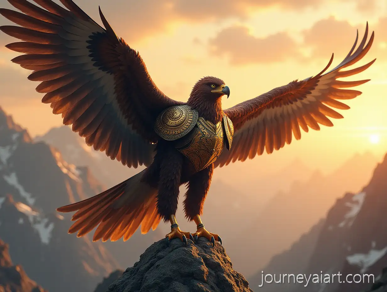 Majestic-Eagle-Warrior-in-Golden-and-Bronze-Armor-SoEagle-warrior-soaring-dawnaring-Above-Mountain-Peaks-at-Dawn