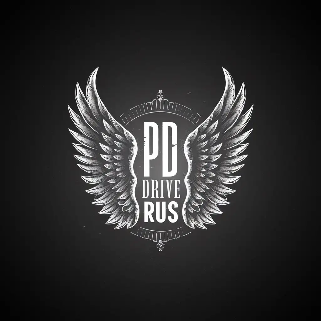 LOGO Design for PD Drive Rus Angel Wings in White Vintage Style on a Clear Black Background