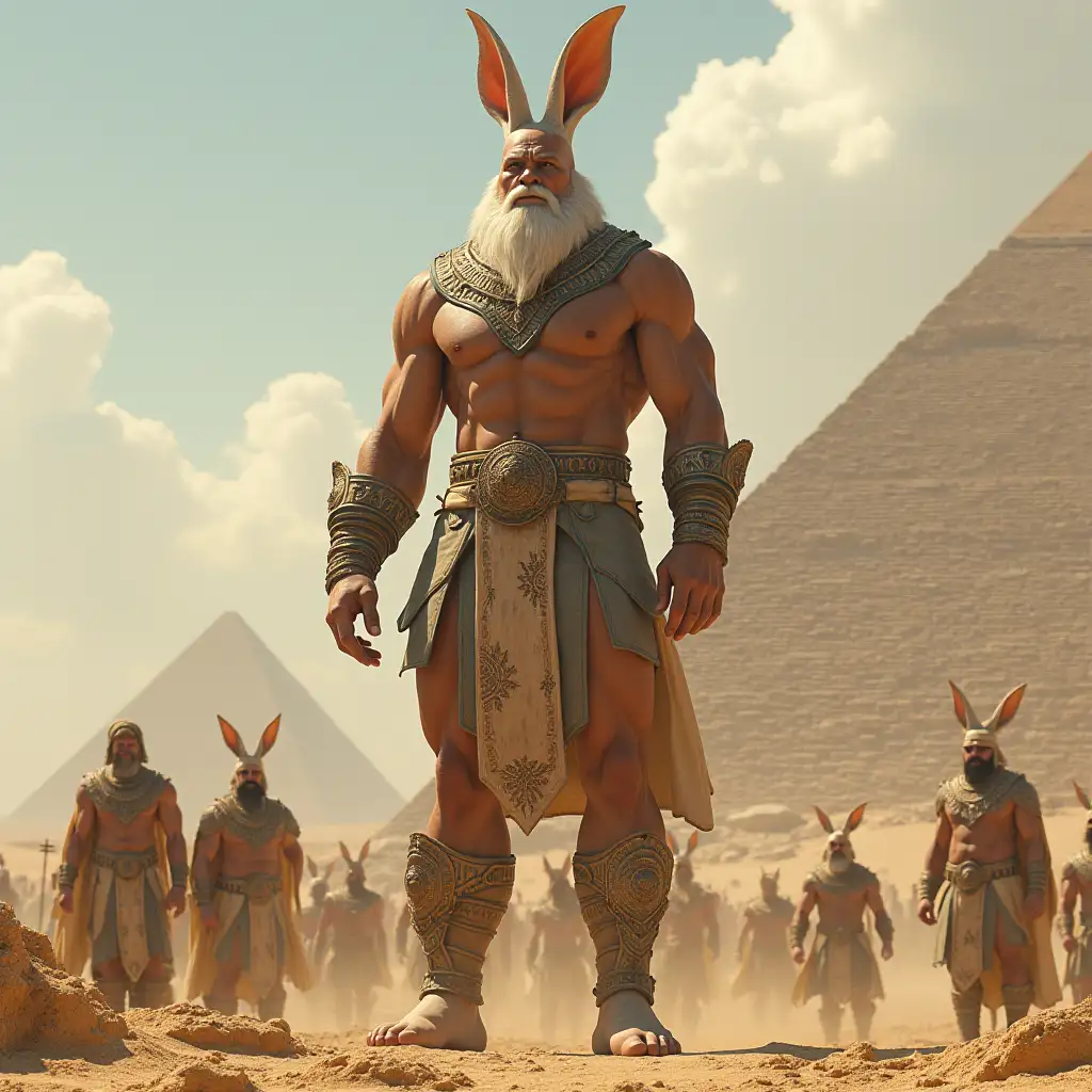 Man titan with rabbit head 10 meters tall with muscles and white beard at the Egyptian pyramid with humans