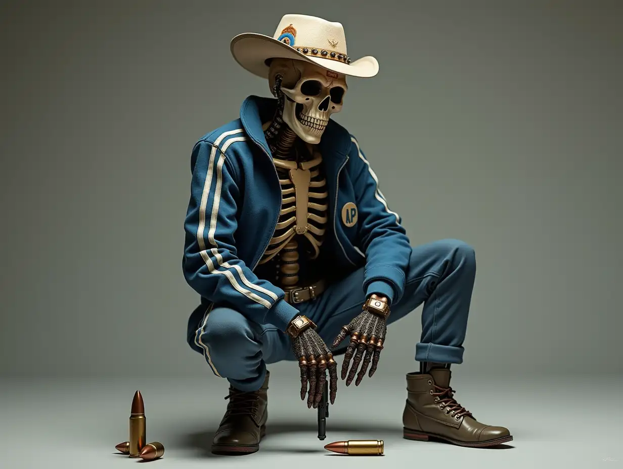 Create a high-resolution, realistic image of a robot with a skeleton body, porcelain hands and head, a fashionable tracksuit, a Steampunk hat and a pistol and bullet casings on the ground in 4K resolution