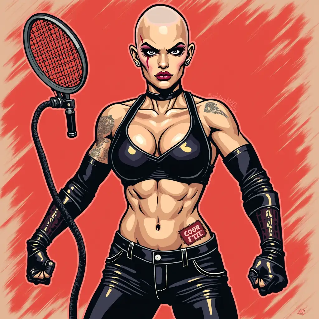 create a comic style illustration of Bobbi Diamond, the bald femme wrestler, aggressive, punk, no hair, make-up