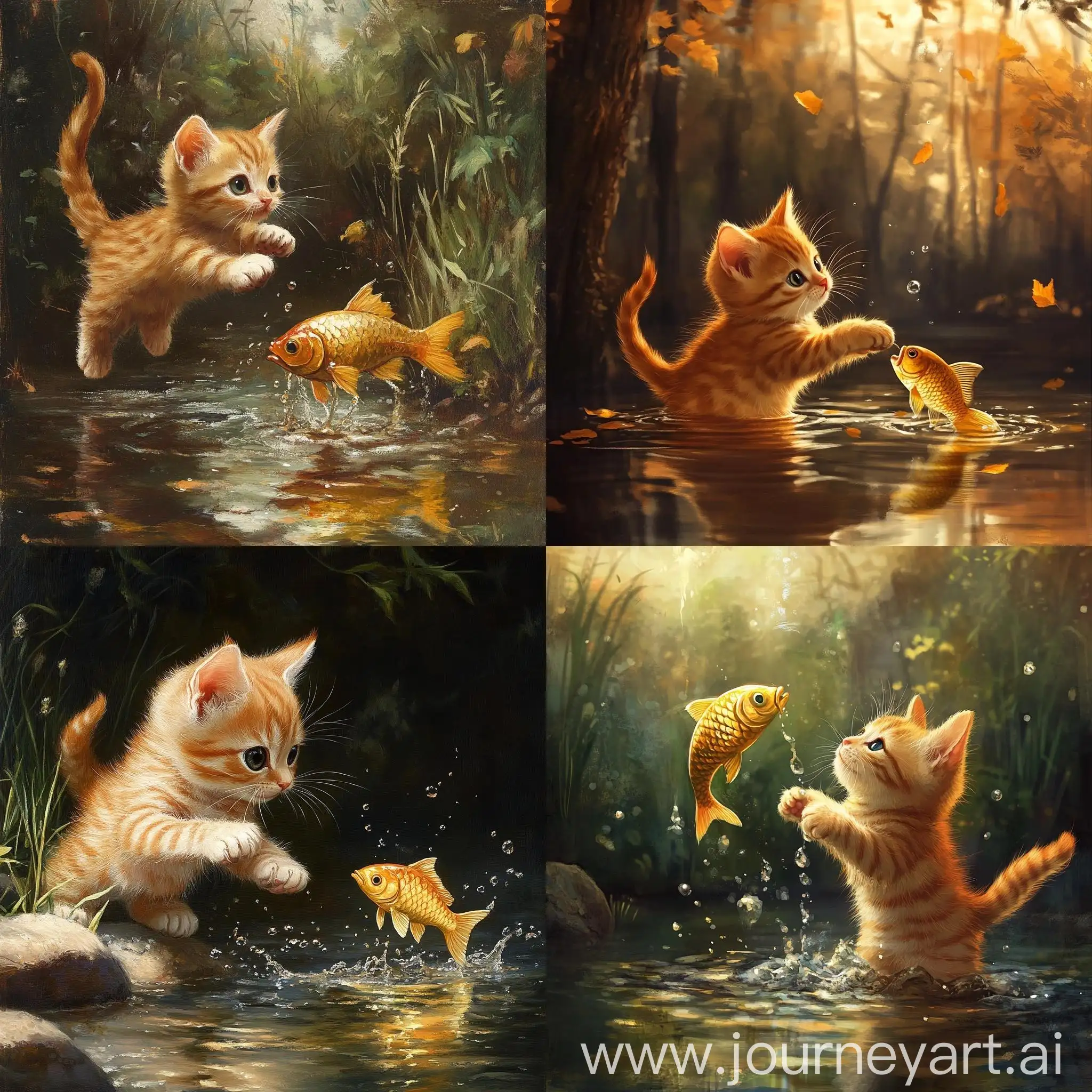 Ginger-Kitten-Catching-Golden-Fish-in-Lake